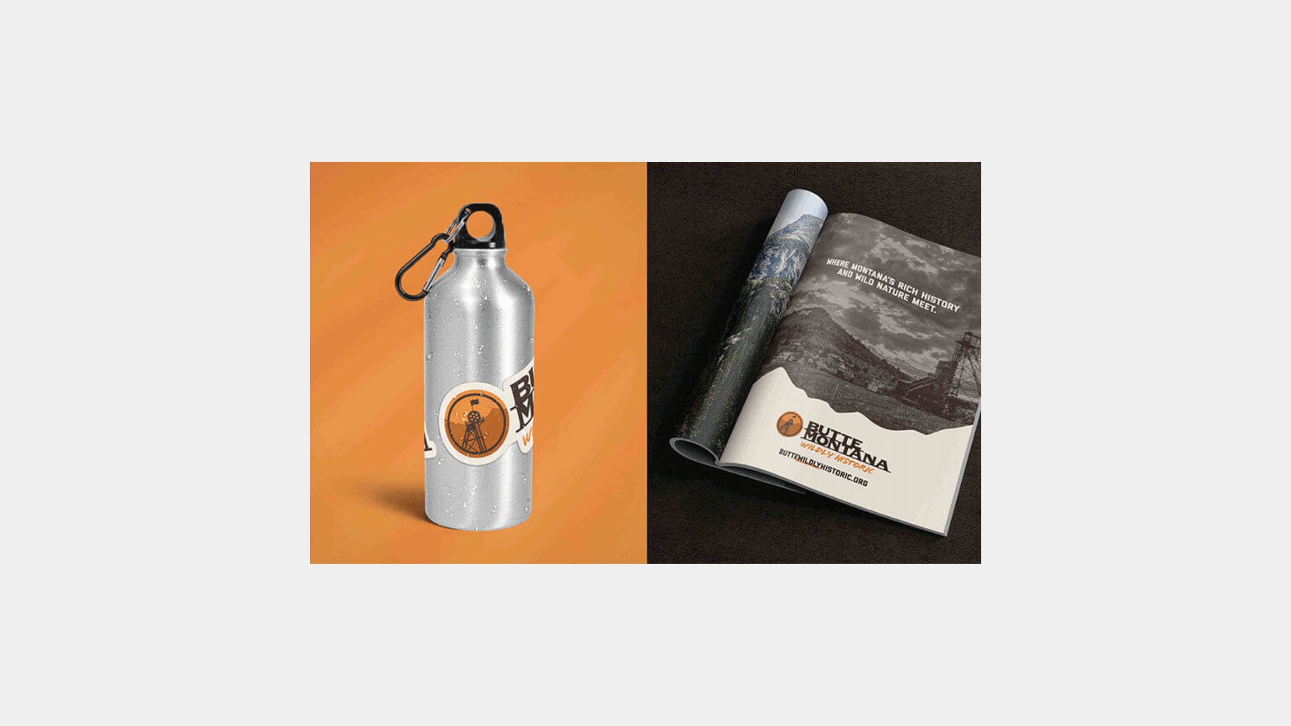 A sample water bottle and magazine spread with the new logo.