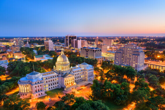 Jackson, Mississippi, USA skyline over the Capitol Building at dusk