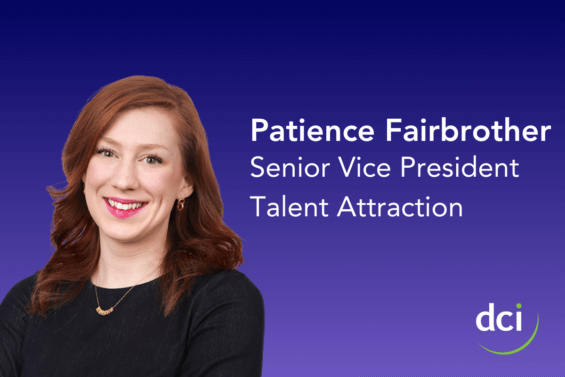 Blue and white graphic announcing that Patience Fairbrother has been promoted to Senior Vice President, Talent Attraction