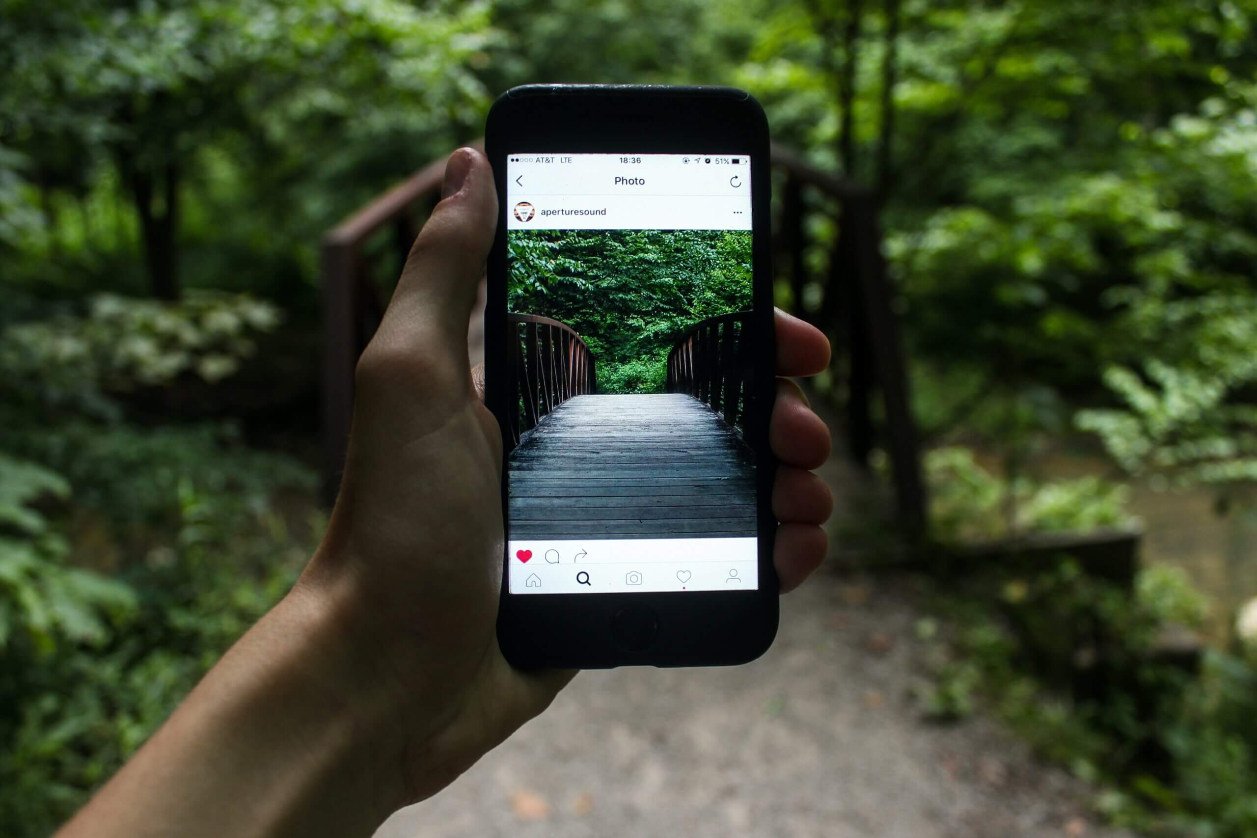 Person holding smartphone taking picture of wooden bridge surrounded by lush greenery.