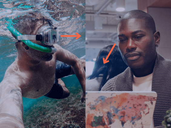 Split screen picture with a white man submerged in the ocean snorkeling looking to the right at a Black man typing on a computer at a coffee shop. 