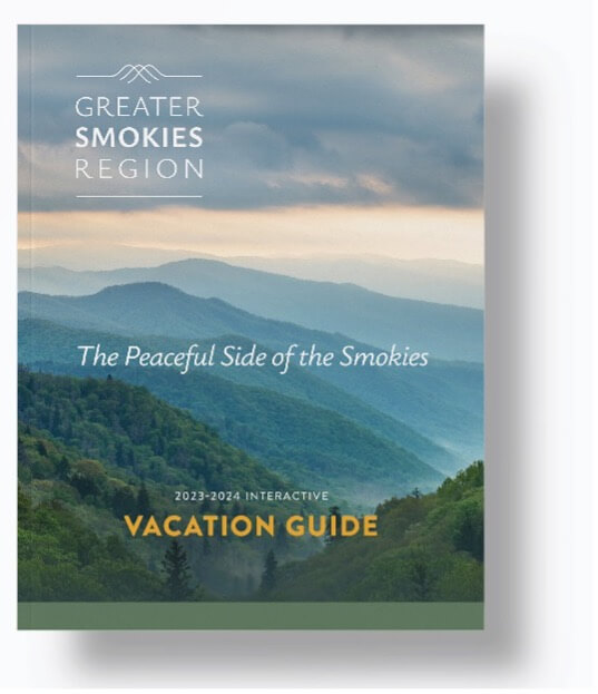 Greater Smokies graphic with picture of the Smoky Mountains at sunrise with the tagline "The Peaceful Side of the Smokies"