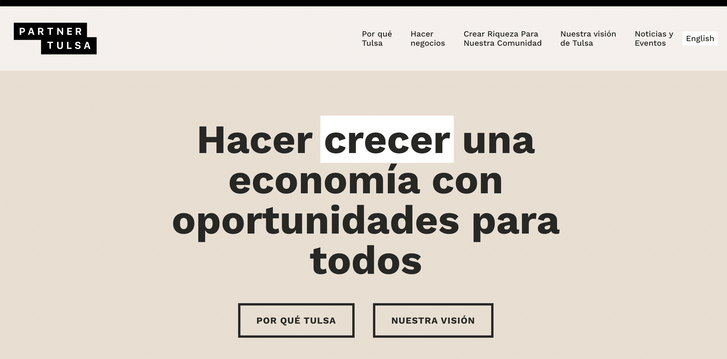 Homepage of Partner Tulsa's website in spanish. 