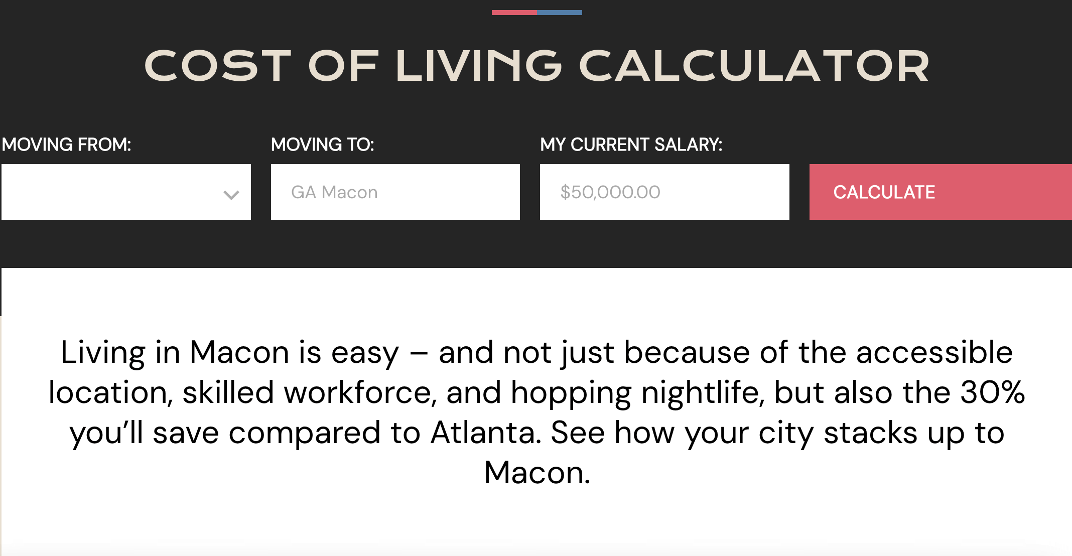 Screenshot of DCI's Cost of Living Calculator
