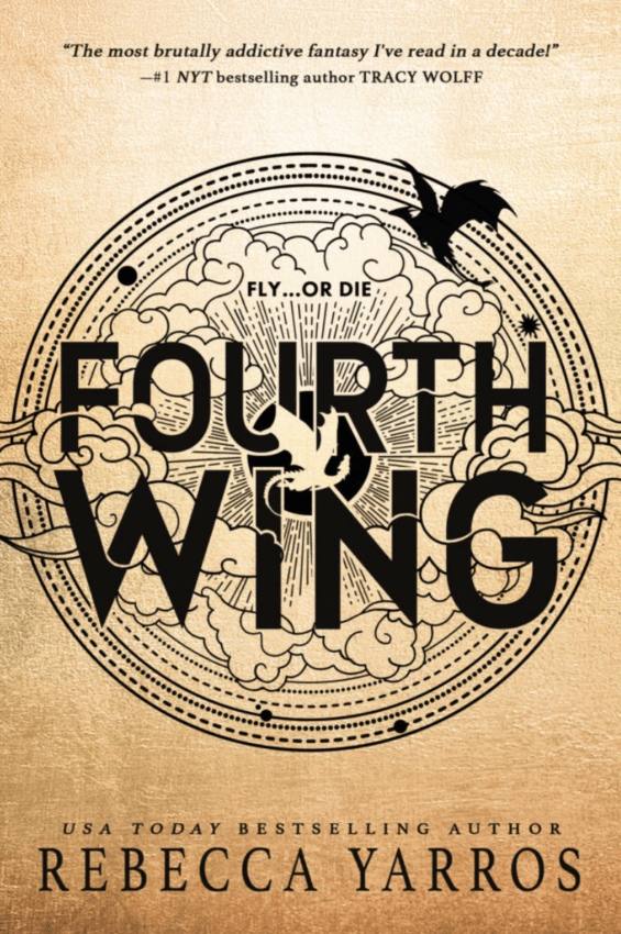 Gold and black book cover with dragons flying in and out of the title "Fourth Wing"