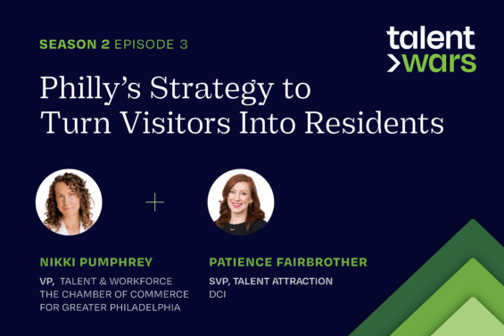 Philly's Strategy to Turn Visitors into Residents Talent Wars Podcast blue and green graphic