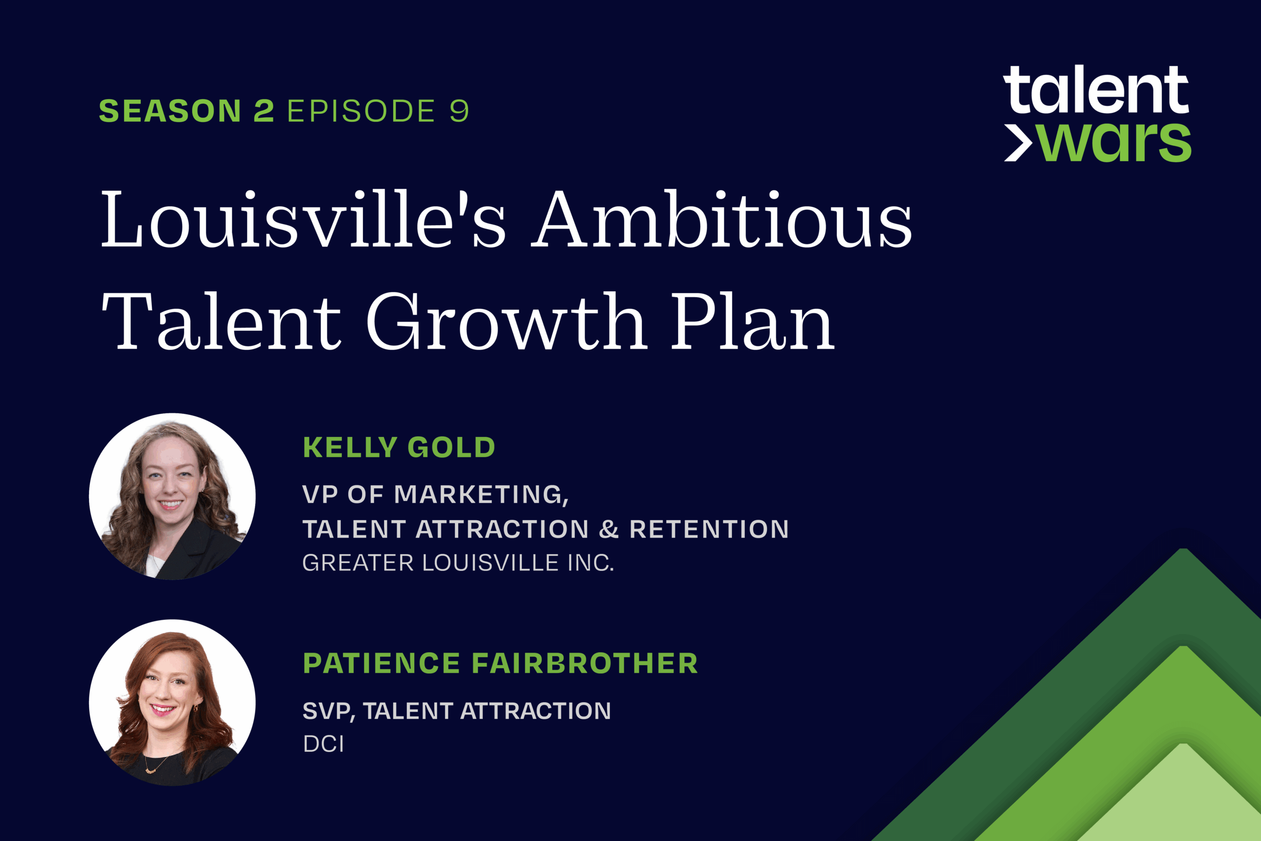 Dark blue and green season two episode 9 Talent Wars podcast graphic with headshots of Kelly Gold and Patience Fairbrother