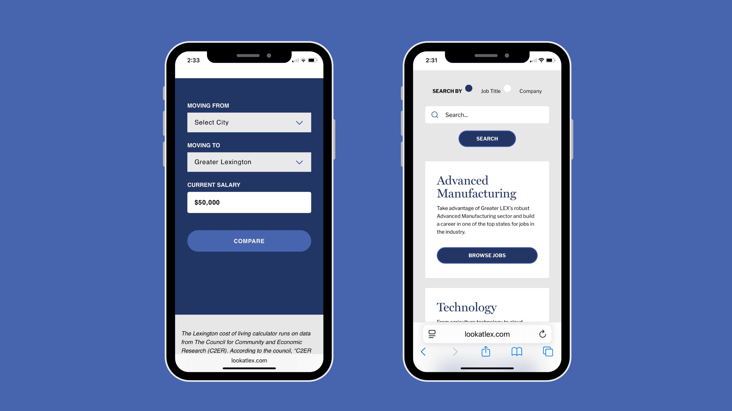 Screenshots of LookatLEX.com web applications on mobile.