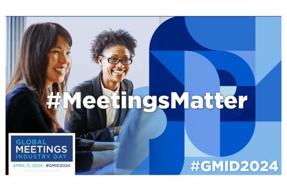 Blue and white Global Meetings Industry Day Social Graphic with picture of two women smiling