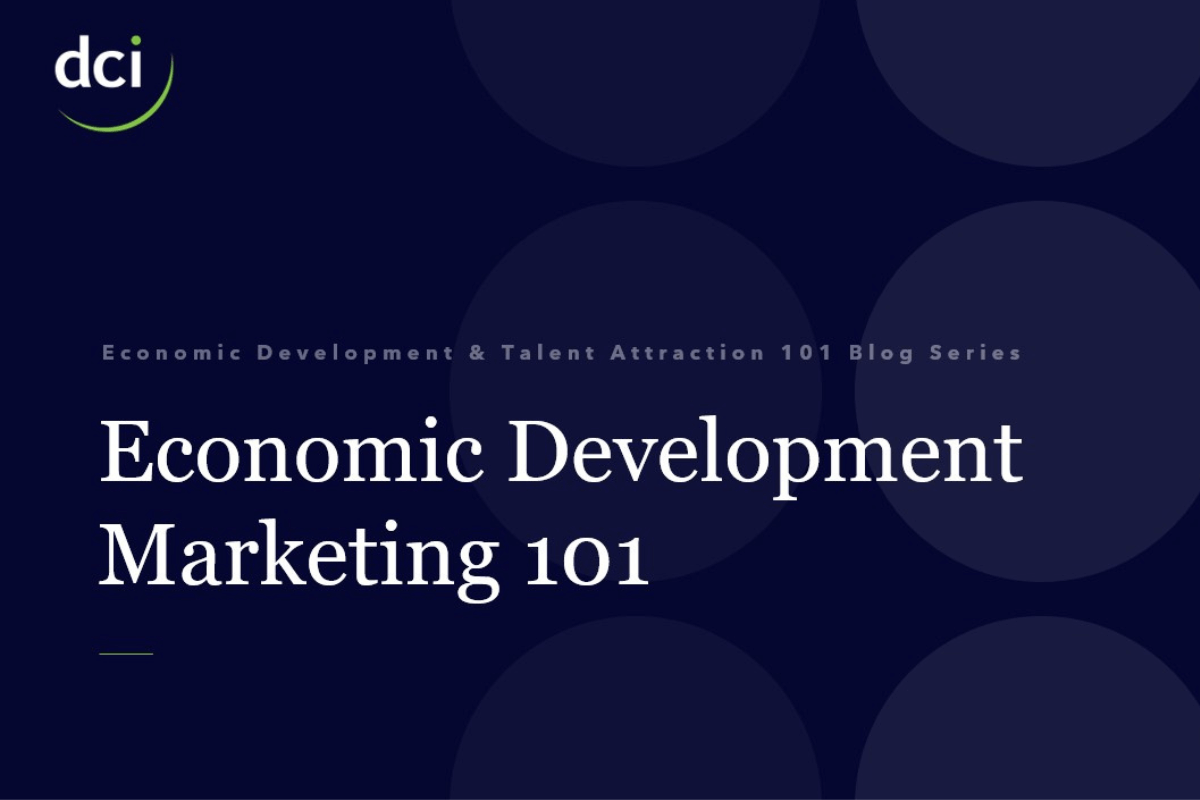 Dark blue blog series graphic, economic development marketing 101