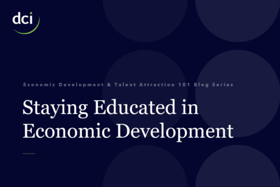 Staying educated in economic development dark blue and white graphic