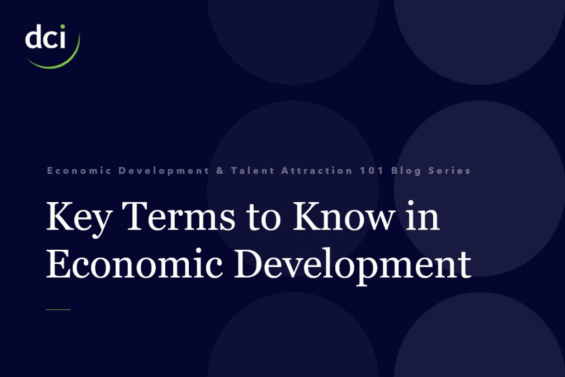 Key Terms to Know in Economic Development dark blue and white graphic