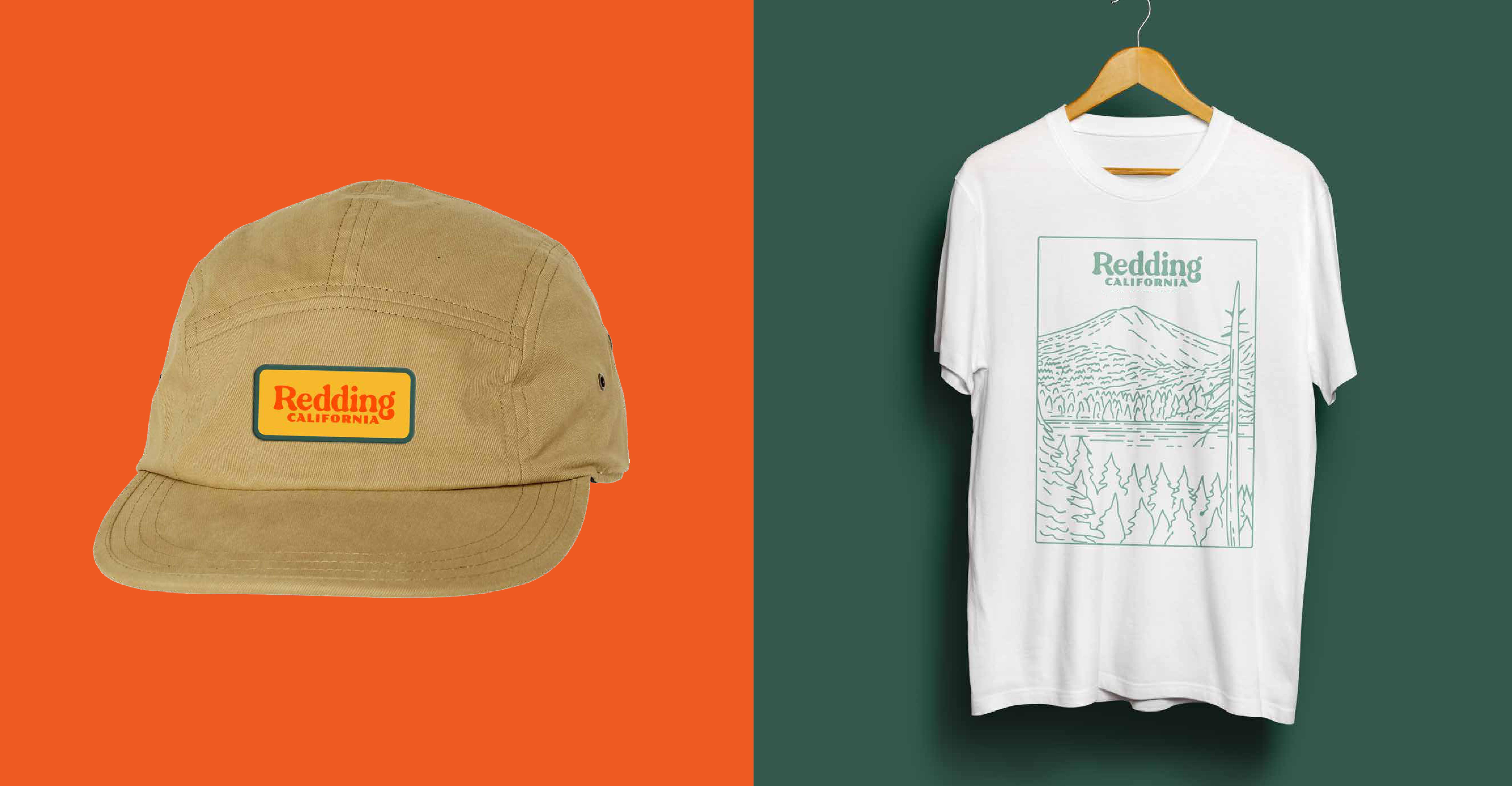 Visit Redding branded hat and t-shirt mockup