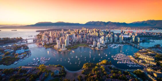 Aerial view of Vancouver at sunset.