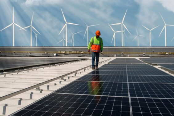 Engineer walks through solar panel farm with windmills in the background
