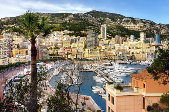 Aerial view of harbour Monaco, Monte Carlo. French riviera panorama. Winter, low season.