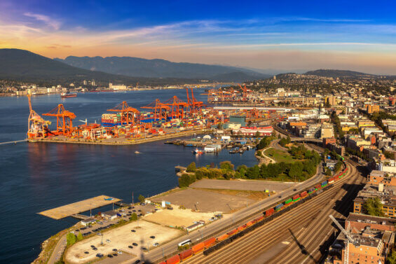 Panoramic aerial view of Vancouver Centerm Terminal - Container port terminal at sunset, Canada