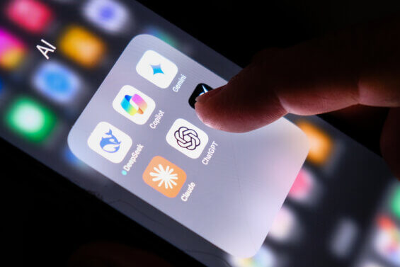 London, UK - 05 03 2025: Apple iPhone screen with Artificial Intelligence icons internet AI app application ChatGPT, DeepSeek, Gemini, Copilot, Grok, Claude, etc.
