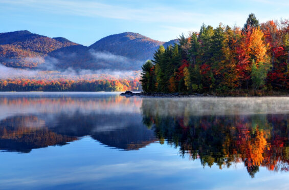 Early morning autumn in the Green Mountain National Forest in Vermont. Photo taken on a calm foggy colorful morning during the peak autumn foliage season. Vermont's beautiful fall foliage ranks with the best in New England bringing out some of the most colorful foliage in the United States