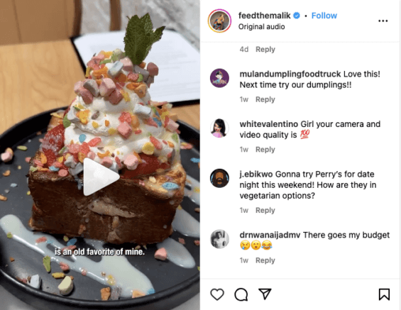 Screenshot of Instagram post with colorful, elaborate dessert. 